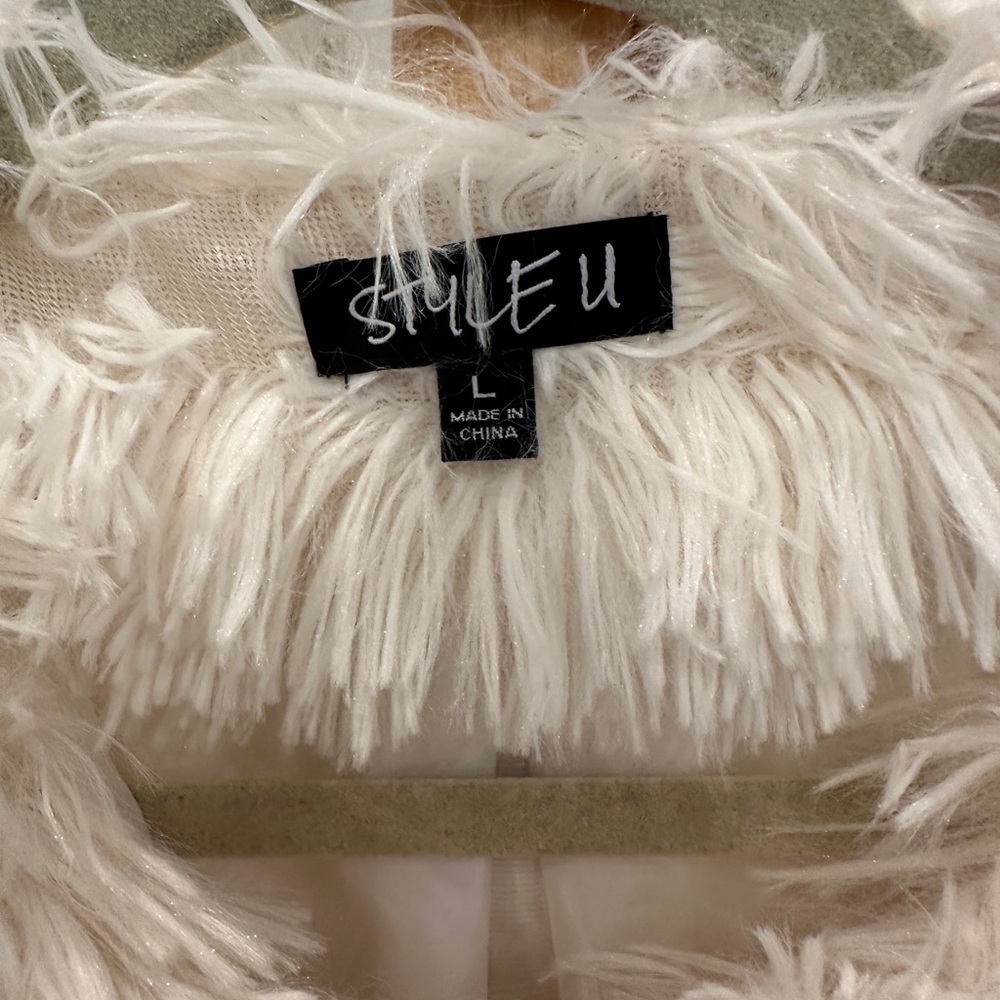 Style U Cream Shag Faux Fur Jacket Fringe Textured Open Front Size L - Picture 3 of 7